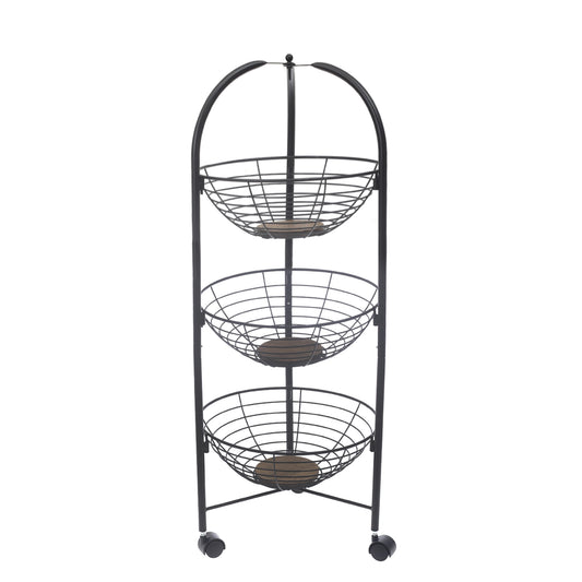 PinPin 3-Tier Vegetable Trolley – Black Metal Storage Rack with Wheels - Habitt