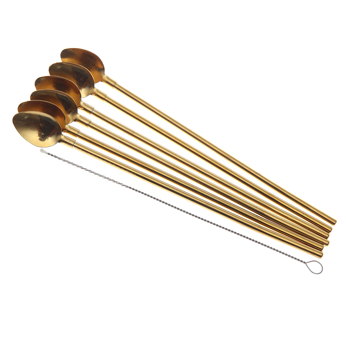 Premium Gold 2-in-1 Straw & Spoon Set — Reusable Stainless Steel Cocktail & Smoothie Utensils with Cleaning Brush - Habitt
