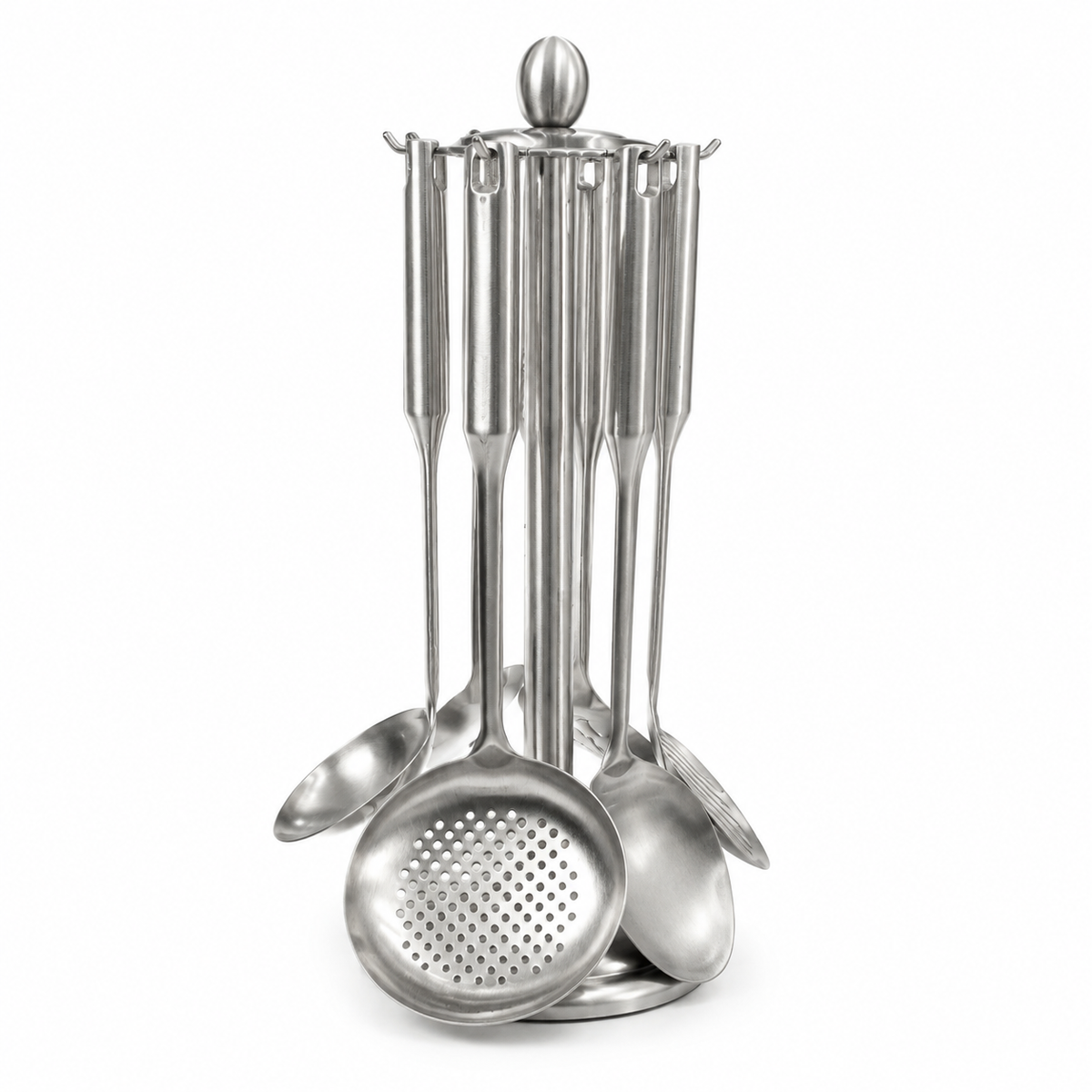 7-Piece Heavy Steel Kitchen Tool Set with Wooden Detail – Silver