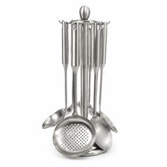 7-Piece Heavy Steel Kitchen Tool Set with Wooden Detail – Silver