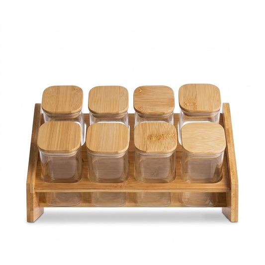 8-Piece Large Glass Jar Set with Wooden Lids & Storage Rack