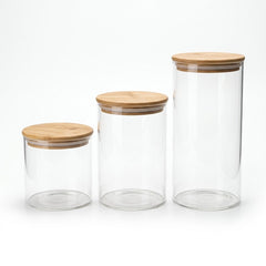 3 Piece Glass Jar Set with Wooden Lid & Tray | Stylish Kitchen Storage Containers
