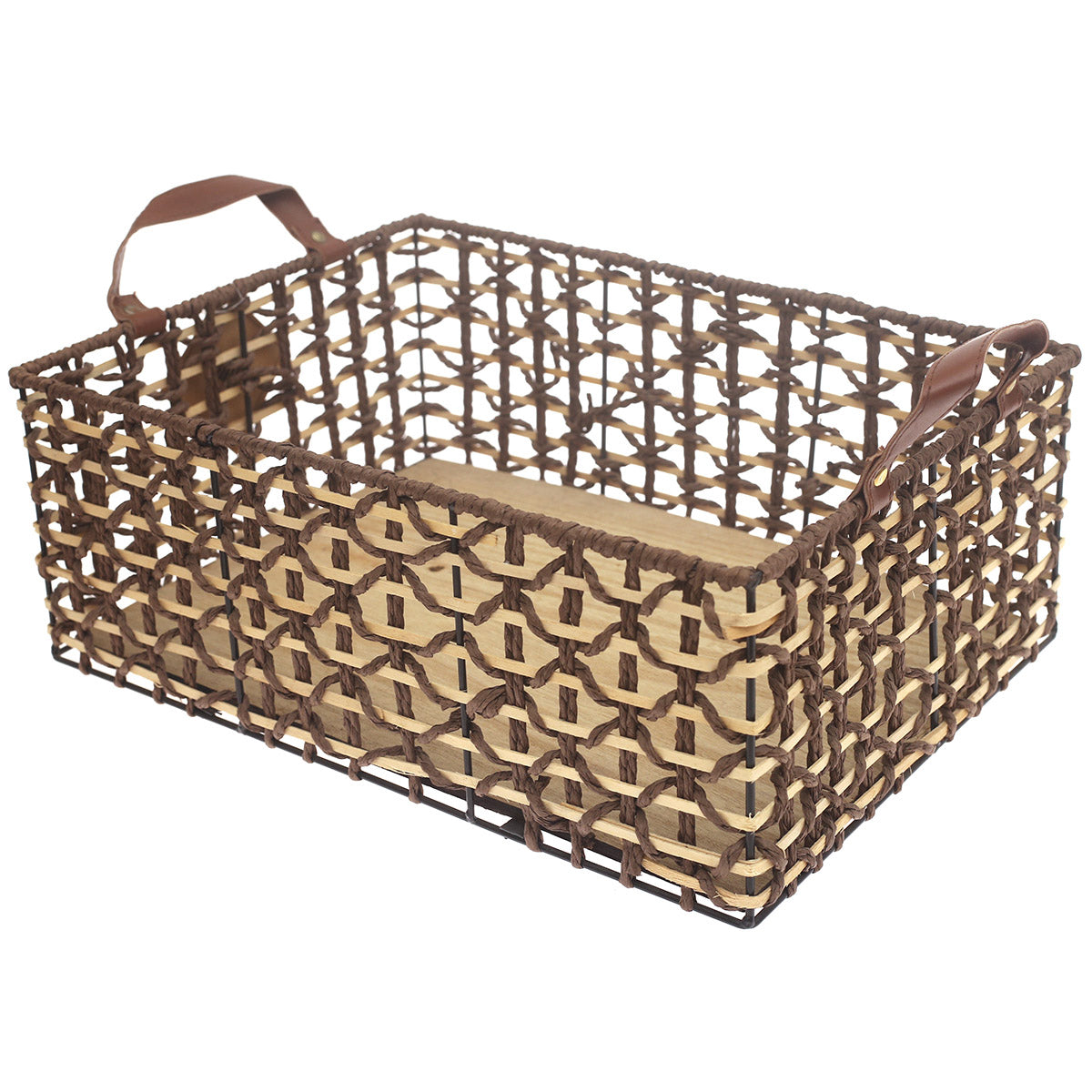 Large Brown Storage Basket – Handwoven Rectangular Organizer with Handles - Habitt