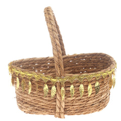 Large Brown Handwoven Storage Basket with Handle & Gold Leaf Detailing - Habitt