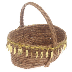 Large Brown Handwoven Storage Basket with Handle & Gold Leaf Detailing - Habitt