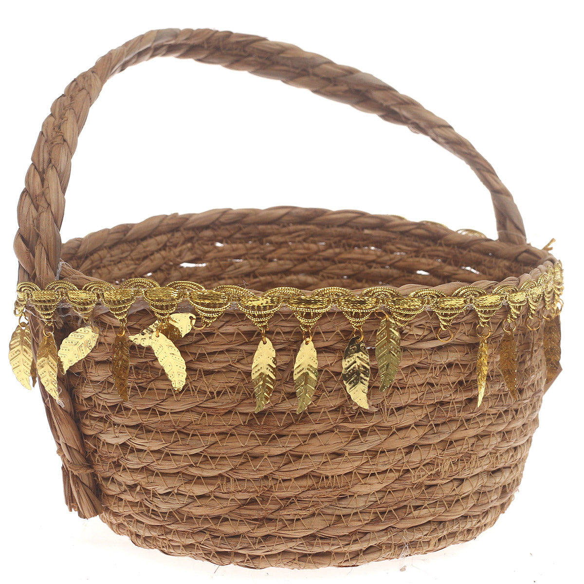 Large Brown Handwoven Storage Basket with Handle & Gold Leaf Accents - Habitt