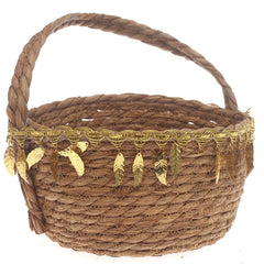Large Brown Handwoven Storage Basket with Handle & Gold Leaf Accents - Habitt