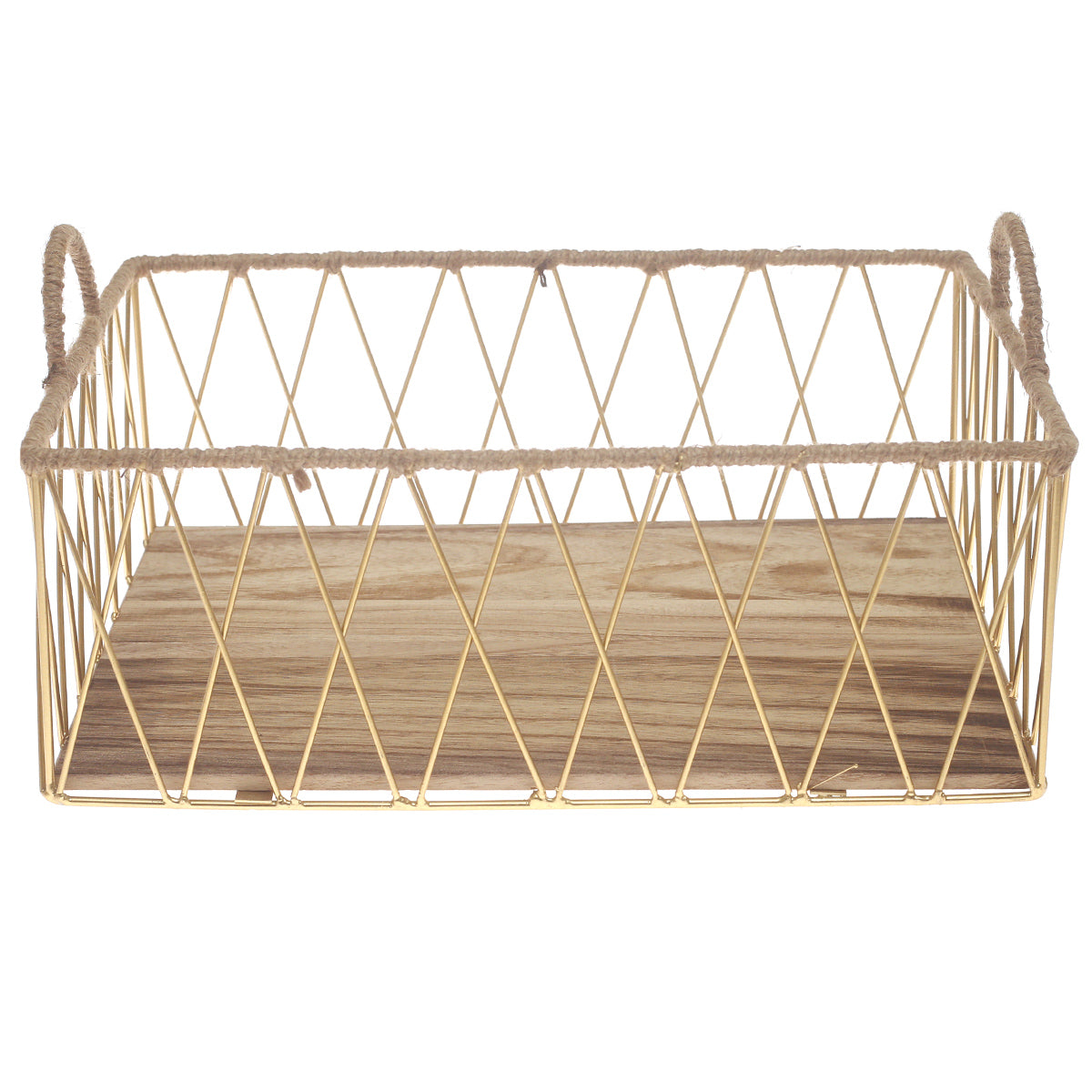 Large Gold Storage Basket with Wooden Base – Modern Metal Organizer - Habitt