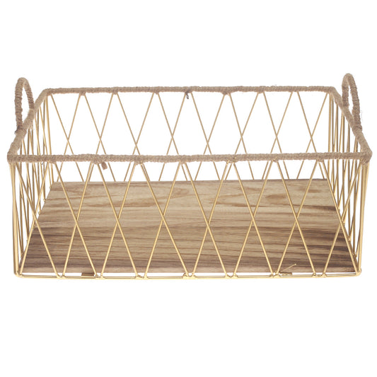 Large Gold Storage Basket with Wooden Base – Modern Metal Organizer - Habitt