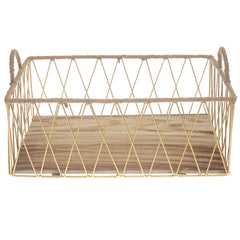 Large Gold Storage Basket with Wooden Base – Modern Metal Organizer - Habitt