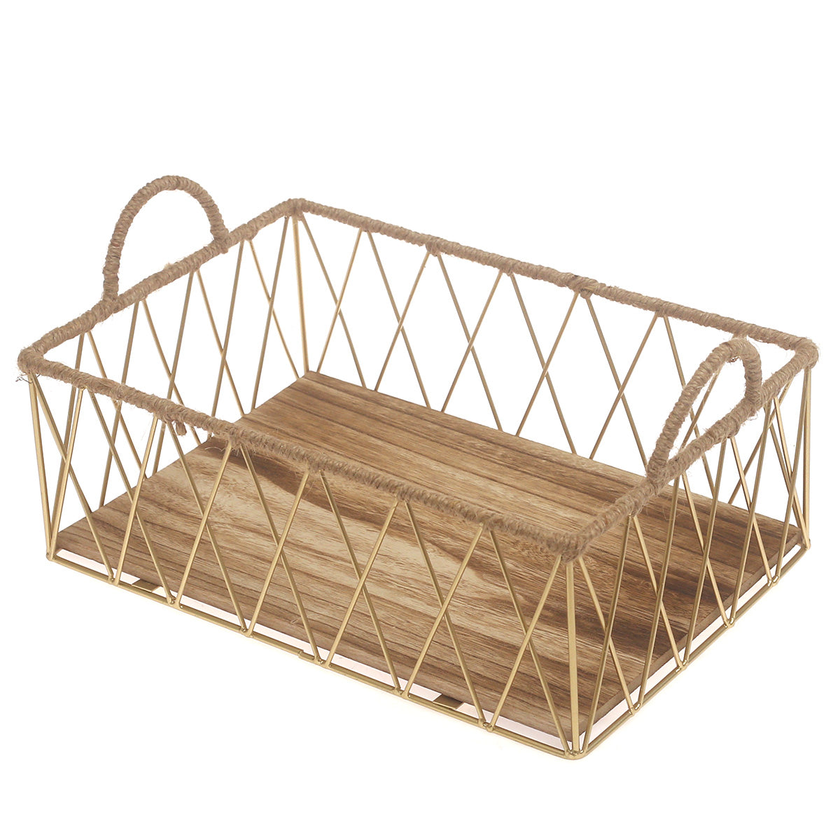 Storage Basket – Medium Gold Metal Wire Basket with Wooden Base & Handles (10 x 14 Inch) - Habitt
