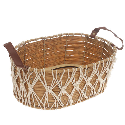Storage Basket – Medium Natural Handwoven Basket with Macramé Detailing & Handles (10 x 14 x 5.5 Inch) - Habitt