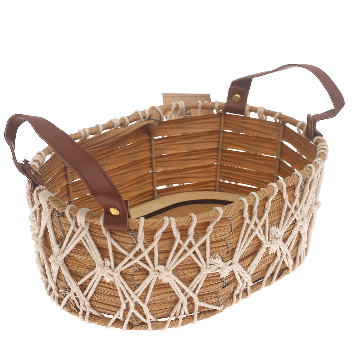 Storage Basket – Small Natural Handwoven Basket with Macramé Detailing & Handles (8 x 12 x 5 Inch) - Habitt