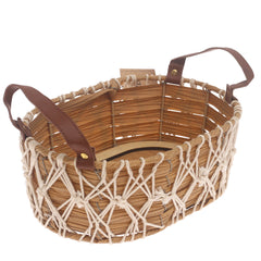 Storage Basket – Small Natural Handwoven Basket with Macramé Detailing & Handles (8 x 12 x 5 Inch) - Habitt