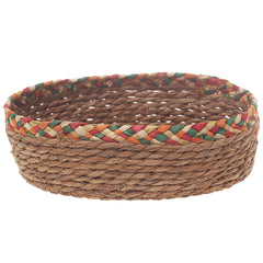 Handwoven Round Brown Basket with Multicolor Braided Rim – Large Natural Fiber Storage Organizer - Habitt