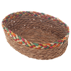 Handwoven Round Brown Basket with Multicolor Braided Rim – Medium Natural Fiber Storage Organizer - Habitt
