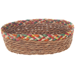 Handwoven Round Brown Basket with Multicolor Braided Rim – Medium Natural Fiber Storage Organizer - Habitt