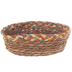 Handwoven Round Brown Basket with Multicolor Braided Rim – Small Natural Fiber Storage Organizer - Habitt