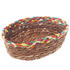 Handwoven Round Brown Basket with Multicolor Braided Rim – Small Natural Fiber Storage Organizer - Habitt