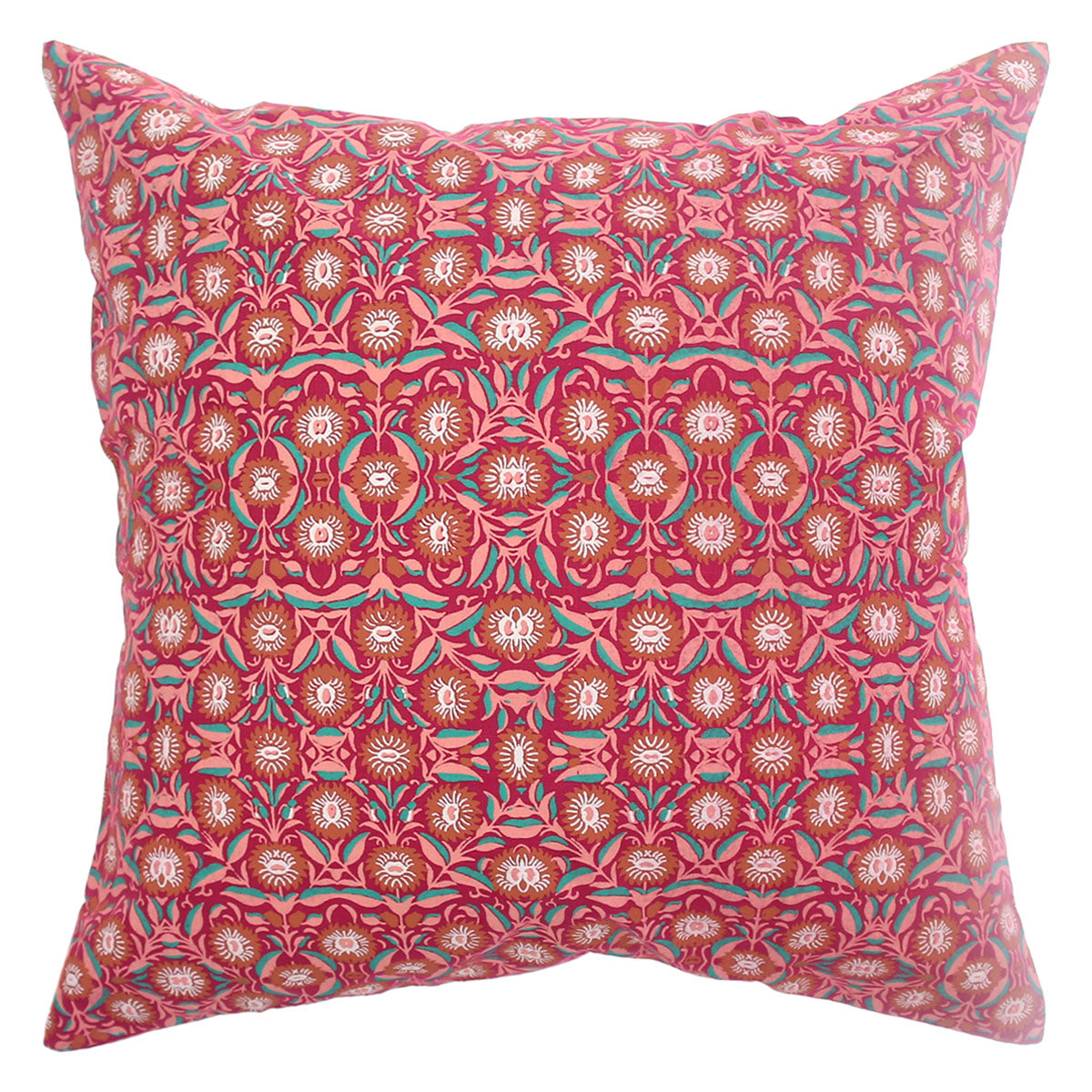 Mughal Bloom Cotton Cushion Cover – 18x18 Inch Red Floral Decorative Throw Pillow Case - Habitt