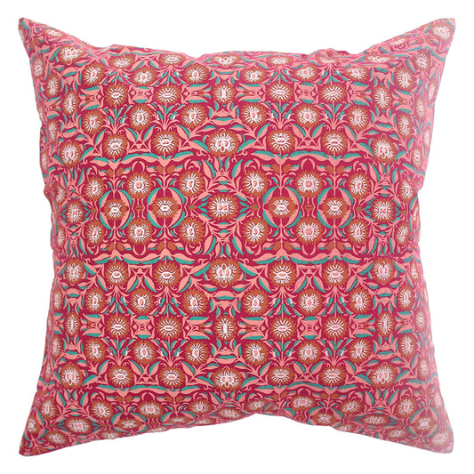 Mughal Bloom Cotton Cushion Cover – 18x18 Inch Red Floral Decorative Throw Pillow Case - Habitt