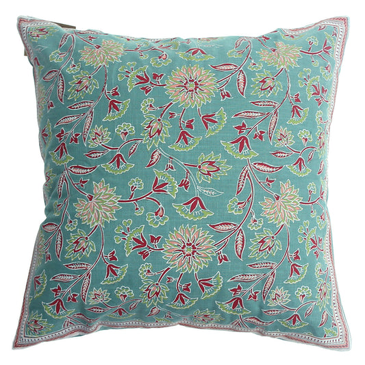 Naqsh Cotton Cushion Cover – 18x18 Inch Floral Teal Decorative Throw Pillow Case - Habitt