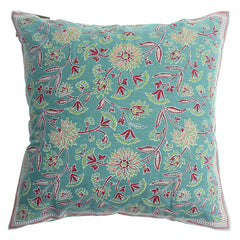 Naqsh Cotton Cushion Cover – 18x18 Inch Floral Teal Decorative Throw Pillow Case - Habitt