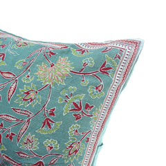 Naqsh Cotton Cushion Cover – 18x18 Inch Floral Teal Decorative Throw Pillow Case - Habitt