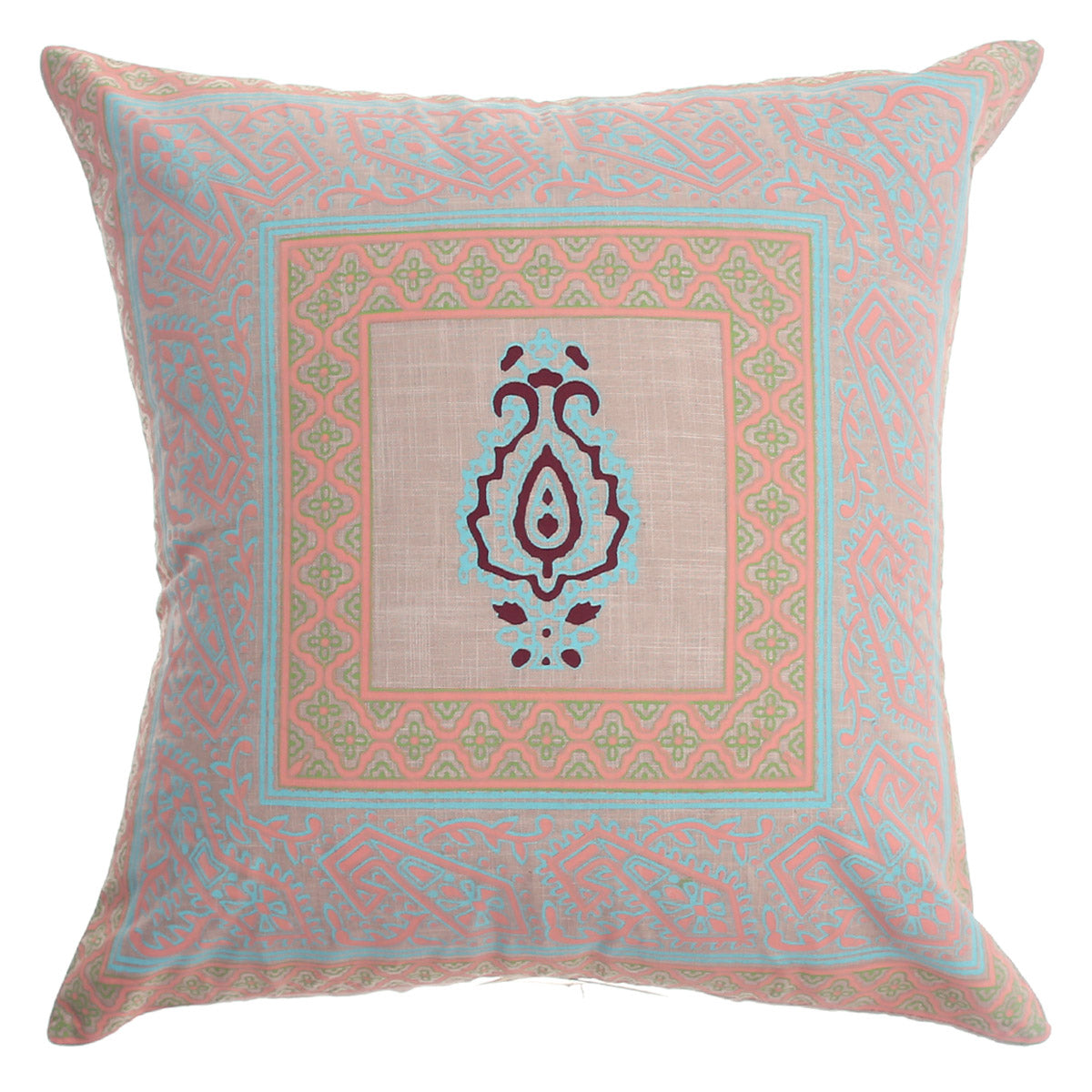 Noor Bagh Cotton Cushion Cover – 20x20 Inch Ethnic Motif Pastel Throw Pillow Case - Habitt