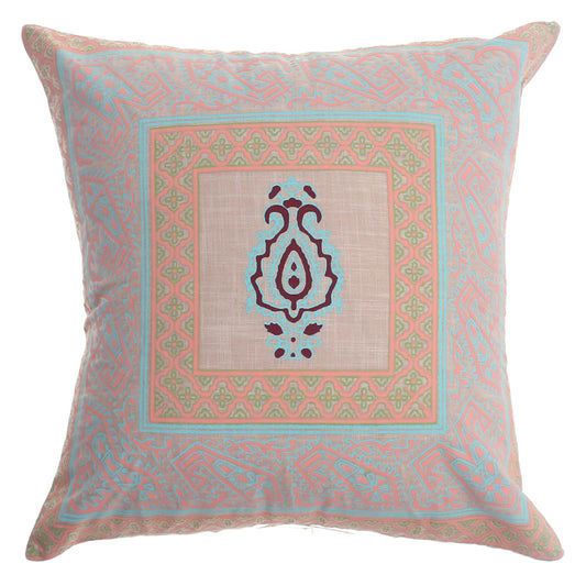 Noor Bagh Cotton Cushion Cover – 20x20 Inch Ethnic Motif Pastel Throw Pillow Case - Habitt