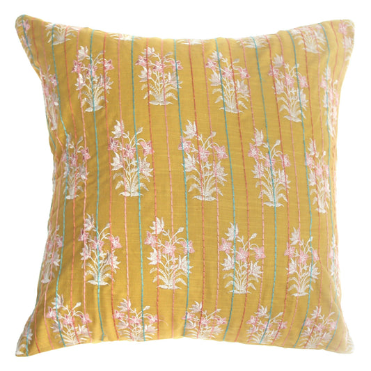 Rang Mahal Cushion Cover 18x18 – Mustard Yellow Cotton Embroidered Floral Throw Pillow - Habitt