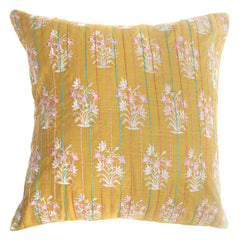 Rang Mahal Cushion Cover 18x18 – Mustard Yellow Cotton Embroidered Floral Throw Pillow - Habitt