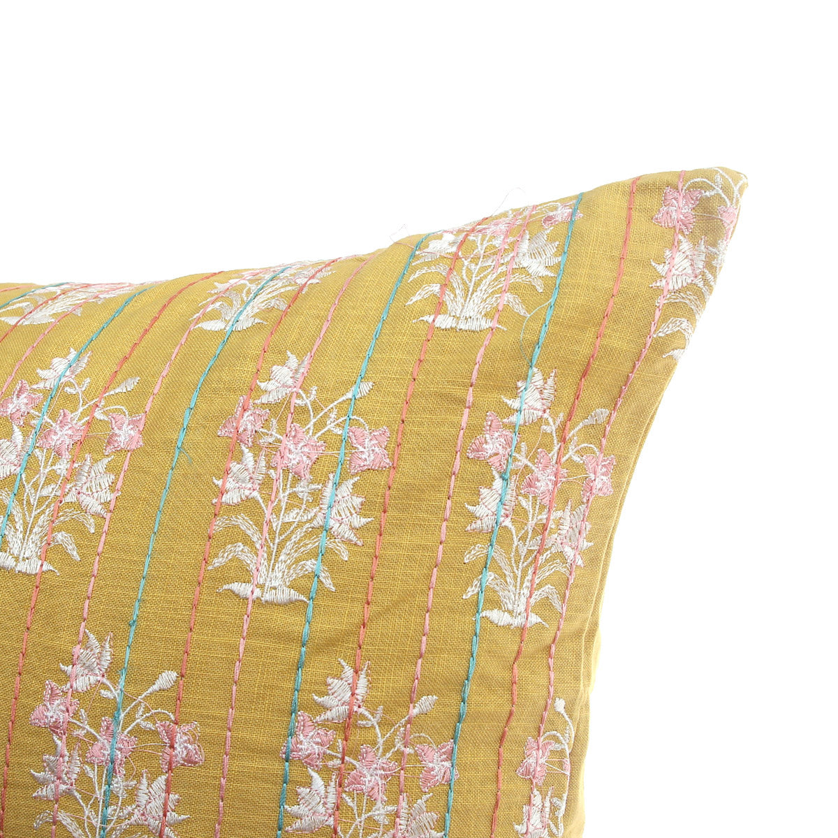 Rang Mahal Cushion Cover 18x18 – Mustard Yellow Cotton Embroidered Floral Throw Pillow - Habitt