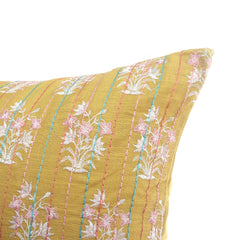 Rang Mahal Cushion Cover 18x18 – Mustard Yellow Cotton Embroidered Floral Throw Pillow - Habitt