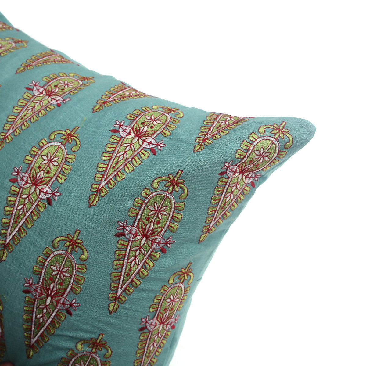 Rang Motif Cushion Cover 20x20 – Teal Cotton Throw Pillow with Embroidered Paisley Pattern - Habitt