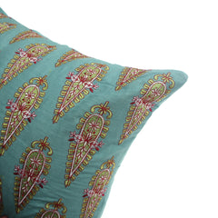Rang Motif Cushion Cover 20x20 – Teal Cotton Throw Pillow with Embroidered Paisley Pattern - Habitt