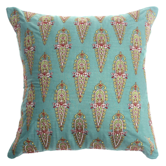 Rang Motif Cushion Cover 20x20 – Teal Cotton Throw Pillow with Embroidered Paisley Pattern - Habitt