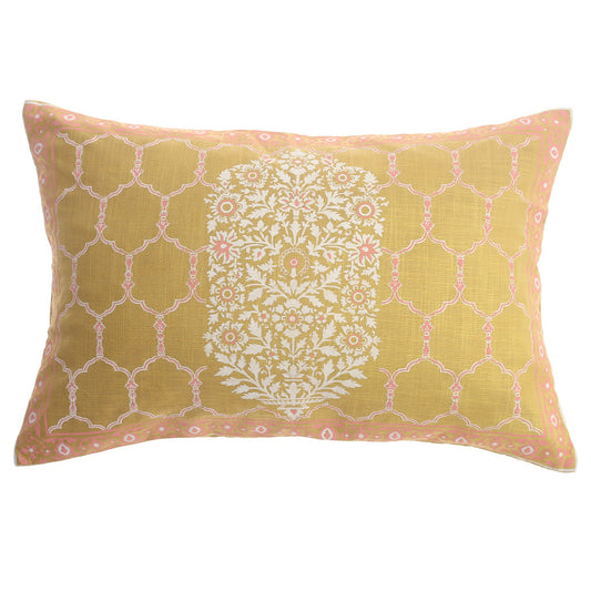 Zareen Cushion Cover 12x18 – Yellow Floral Block Print Cotton Lumbar Pillow - Habitt