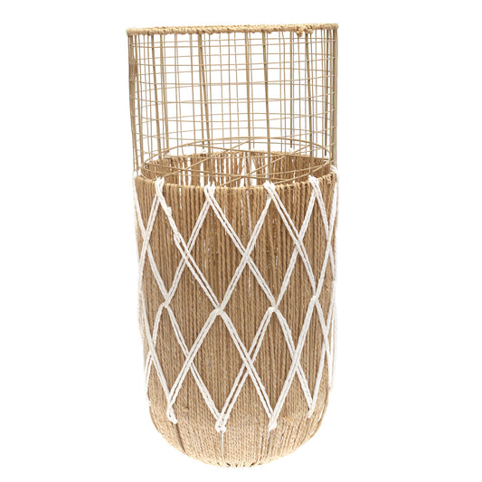 Large White & Natural Metal Wire Vase with Woven Rope Detailing (27 Inch Height) - Habitt
