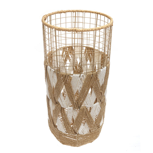 Handwoven Floor Vase – Medium White & Natural Rope Design - Habitt