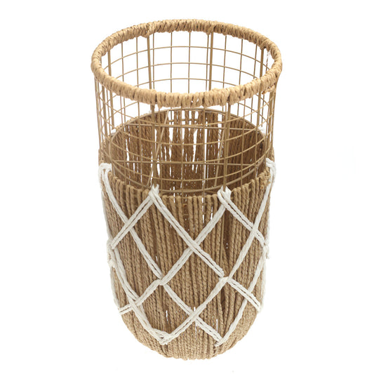 Handwoven Floor Vase – Small White & Natural Rope Design - Habitt