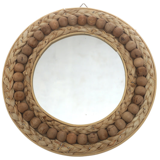 Natural Round Mirror 11.5 x 11.5 Inch Handwoven Beaded Frame - Habitt