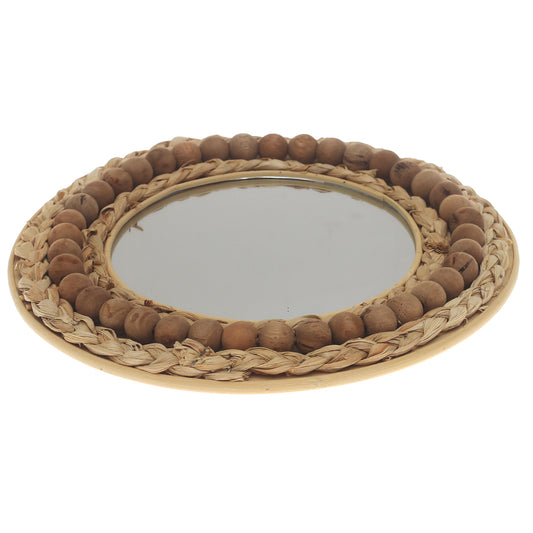 Natural Round Mirror 11.5 x 11.5 Inch Handwoven Beaded Frame - Habitt