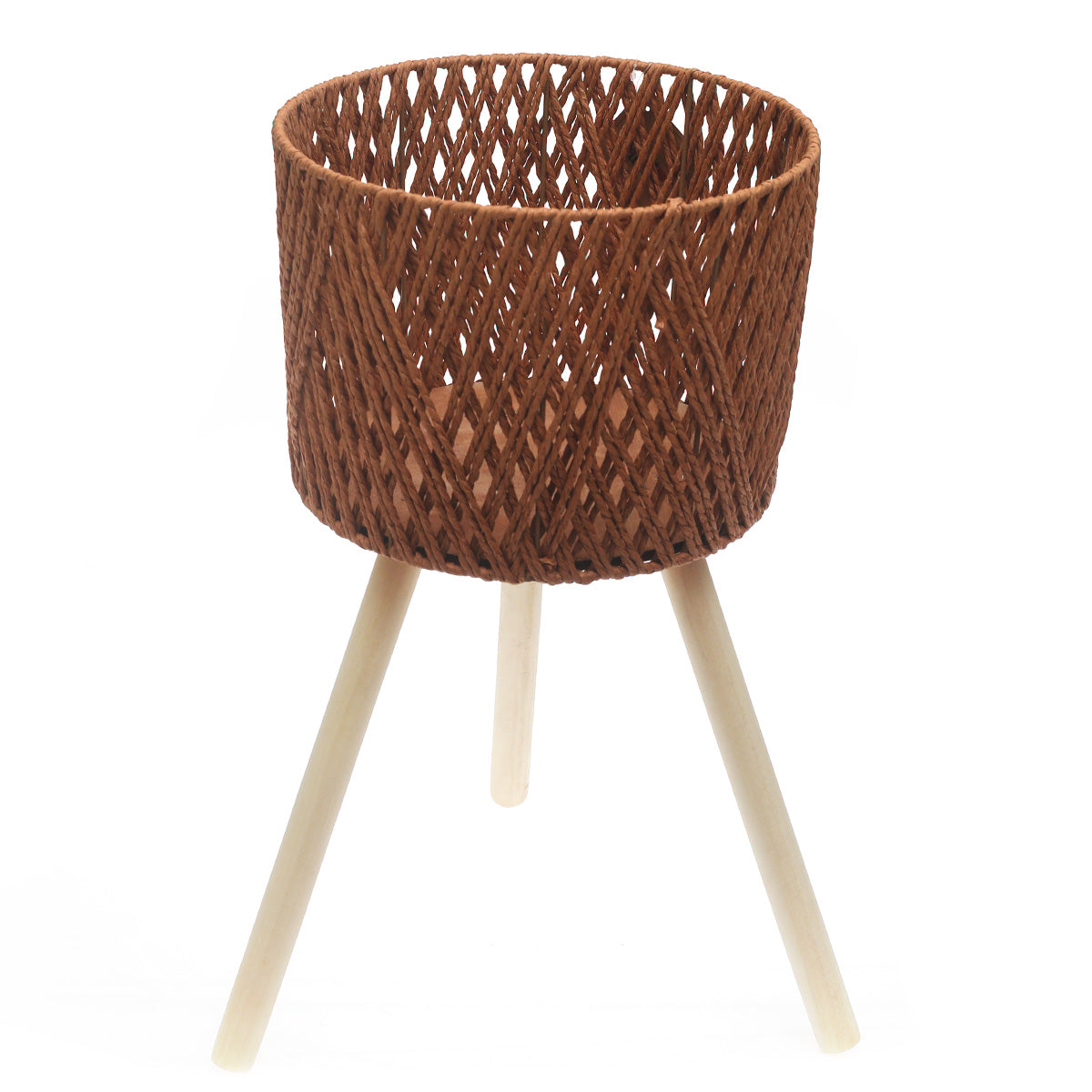 Large Brown Woven Planter with Wooden Stand - Habitt