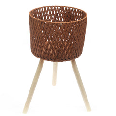 Large Brown Woven Planter with Wooden Stand - Habitt
