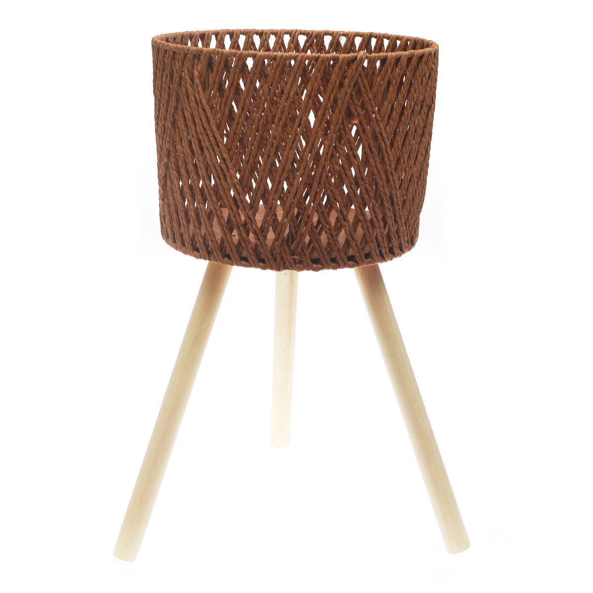 Large Brown Woven Planter with Wooden Stand - Habitt