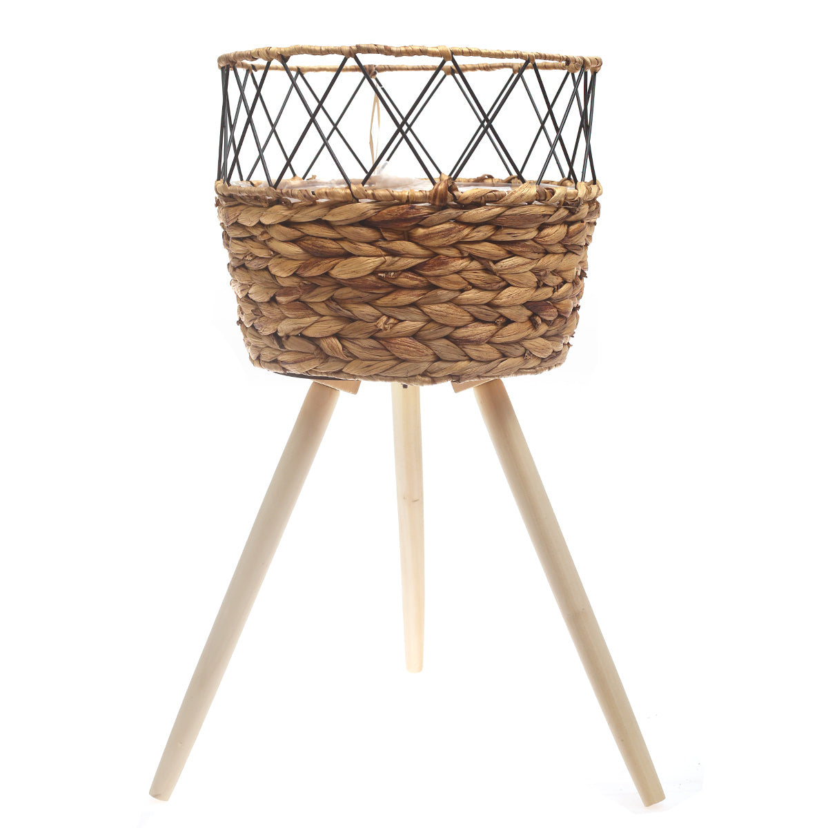 Large Natural Handwoven Planter with Wooden Stand – Open Metal Design | 12 x 12 x 10 Inch - Habitt