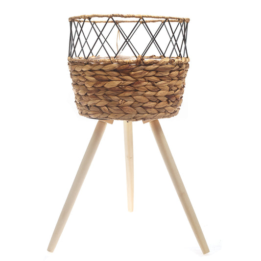 Large Natural Handwoven Planter with Wooden Stand – Open Metal Design | 12 x 12 x 10 Inch - Habitt