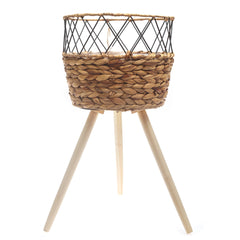 Large Natural Handwoven Planter with Wooden Stand – Open Metal Design | 12 x 12 x 10 Inch - Habitt