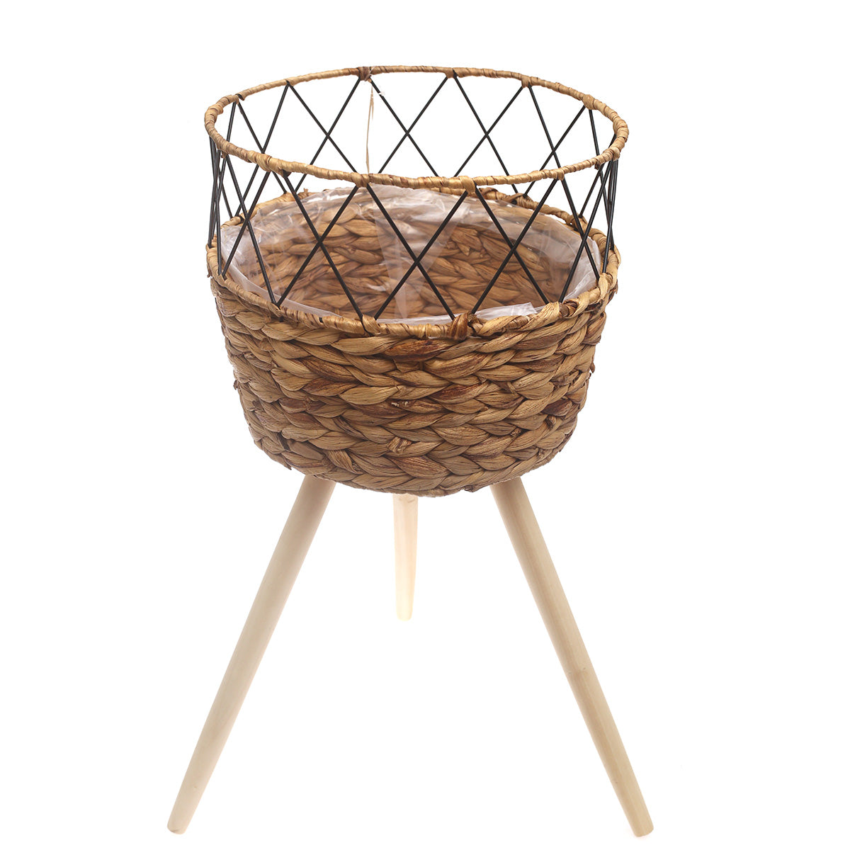 Large Natural Handwoven Planter with Wooden Stand – Open Metal Design | 12 x 12 x 10 Inch - Habitt